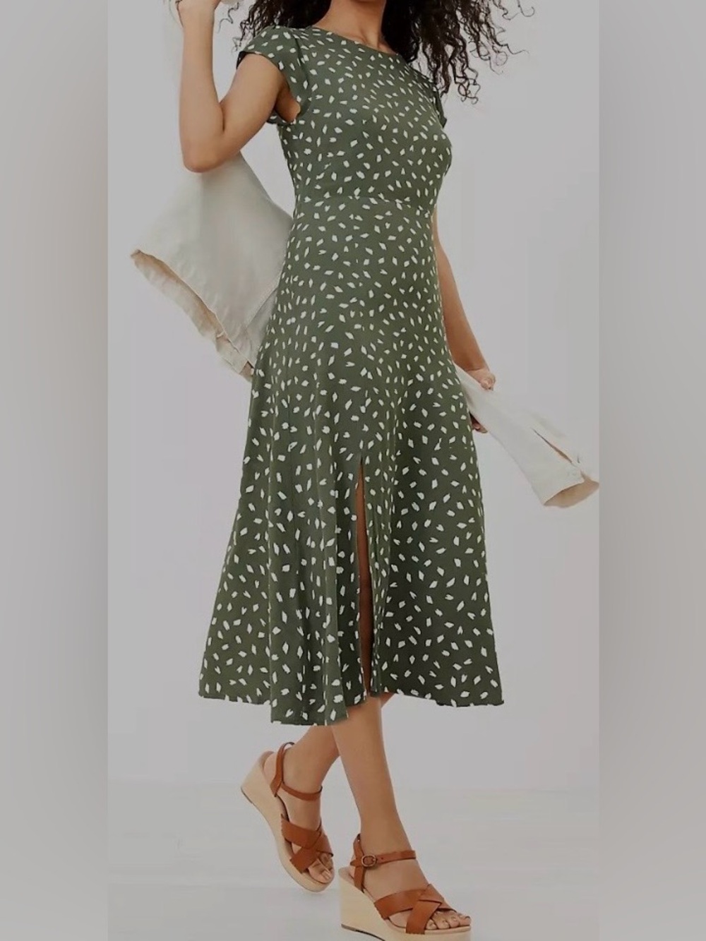 LOFT Olive Green Printed Midi Dress with Cap Sleeves